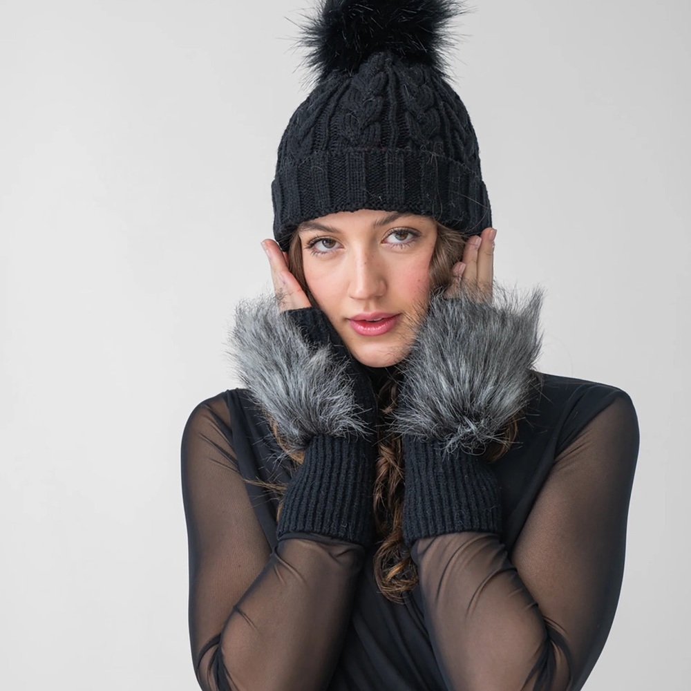 Adrienne Landau black fingerless gloves with faux fur